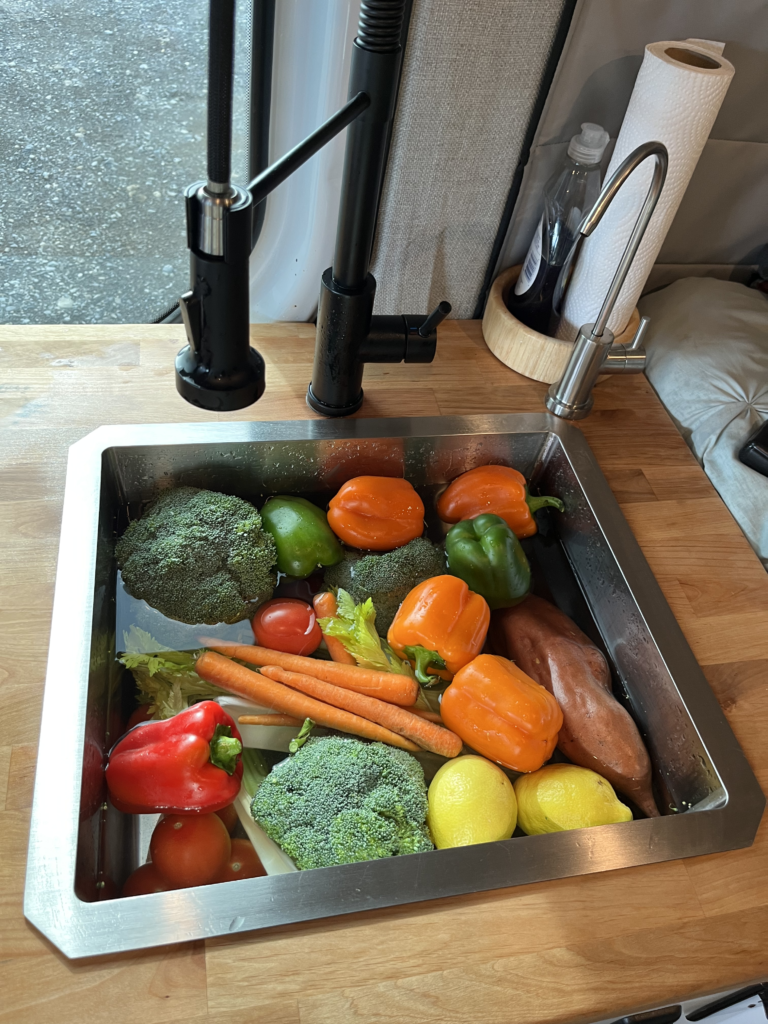 Fresh produce in a van kitchen sink